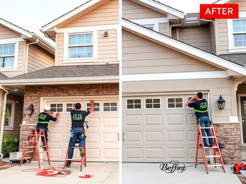 Professional garage door installation in progress showing before and after transformation